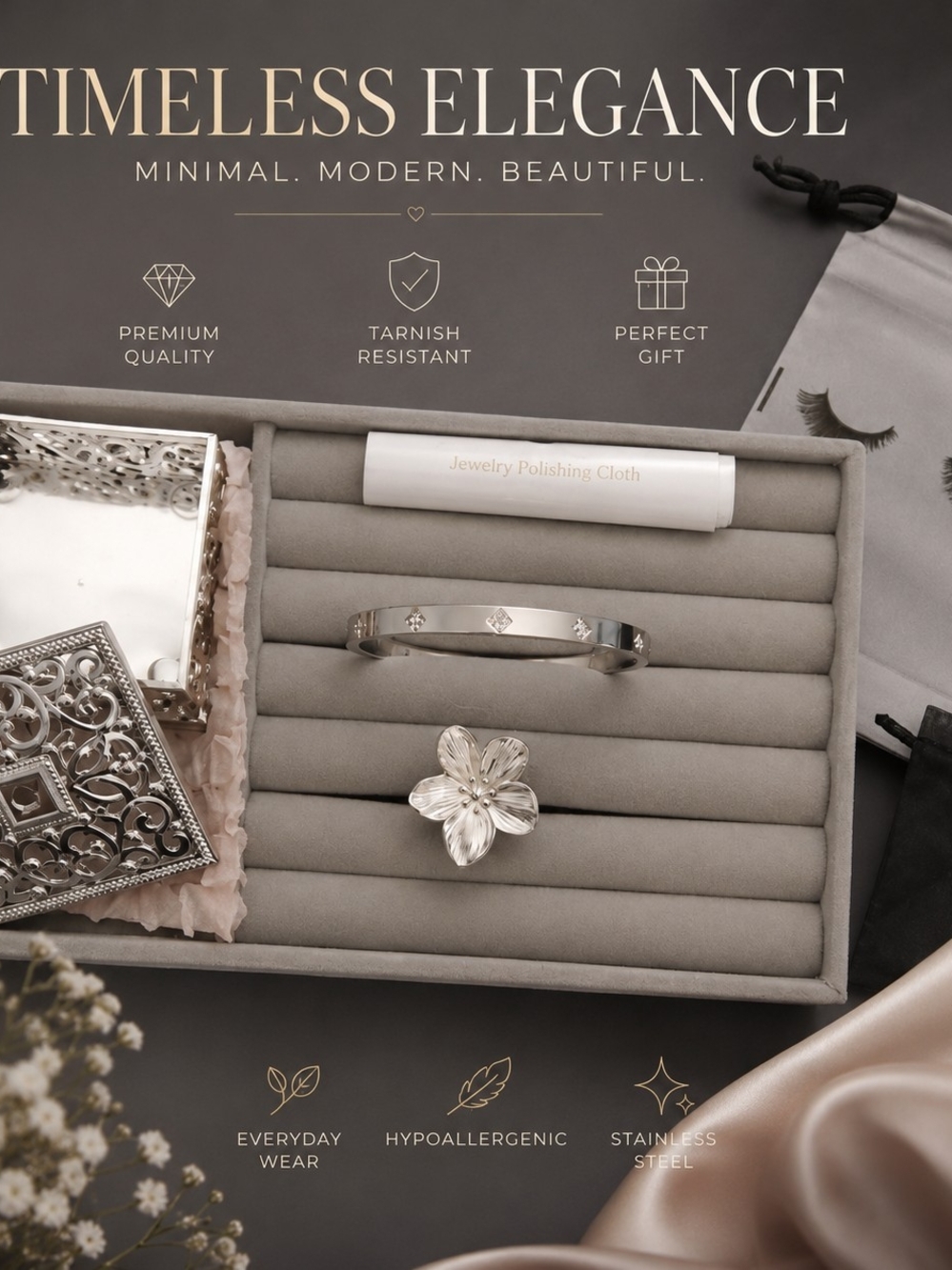 Silver Floral Ring Bangle Set